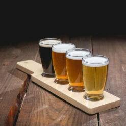 Beer Tasting Flight Serving Set - Wood Paddle & 4 Glasses