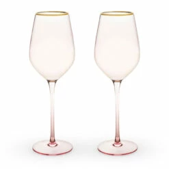 Rose Tinted Crystal White Wine Glasses With Gold Rims - 14 Oz - Set Of 2