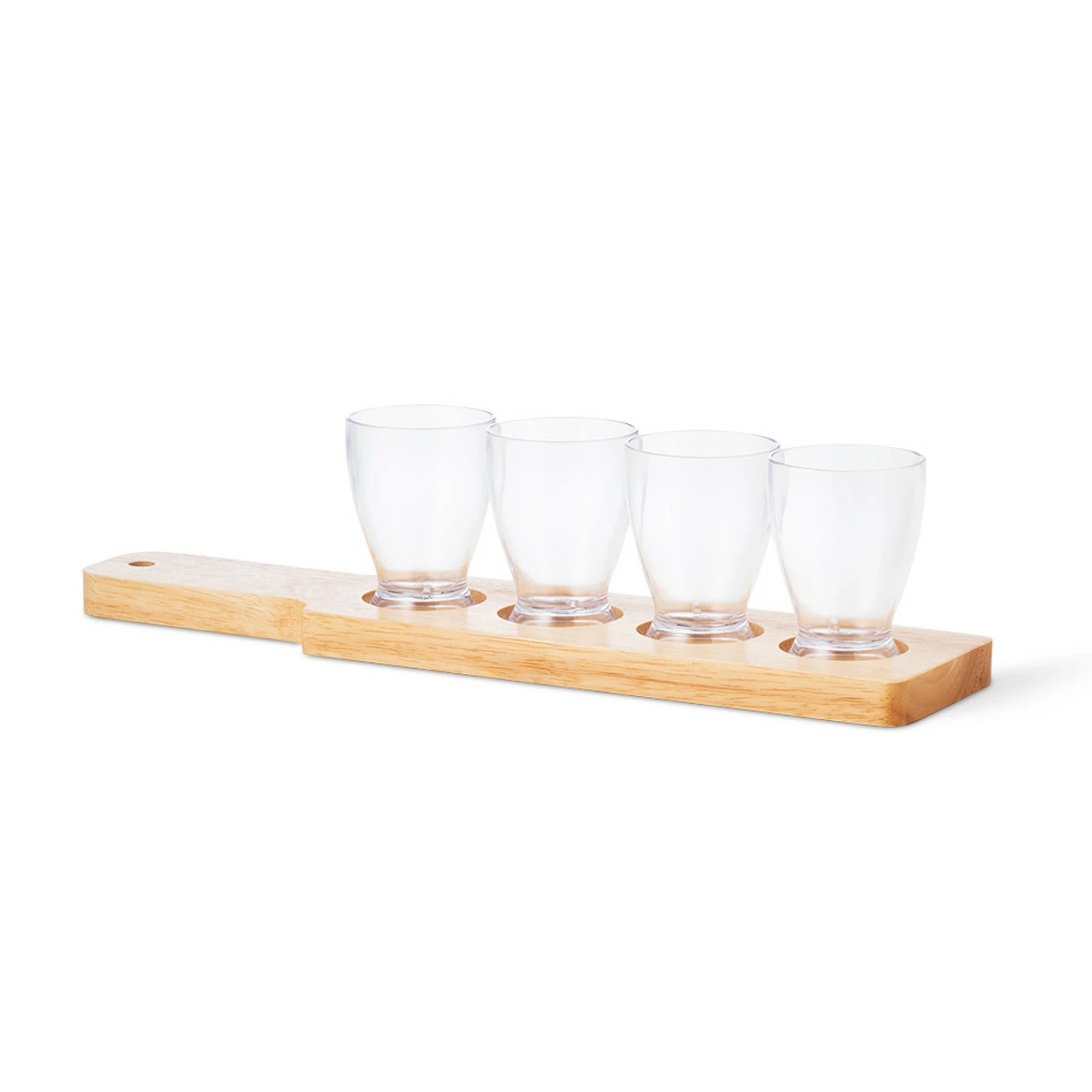Beer Tasting Glass Free Flight Serving Set - Wood Paddle & 4 Reusable Plastic Tasters - Image 2