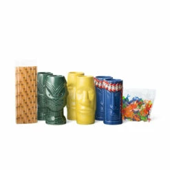 Polynesian Party Ceramic Tiki Mug Pack - Set Of 6 Mugs + Straws & Mermaid Drink Charms