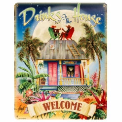 Drinks On The House Satin Metal Bar Sign