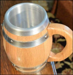 Oak Barrel Mug With Stainless Steel Interior - 16 Oz -PourLab Zone steelinsertmug closeup 36834.1590771501